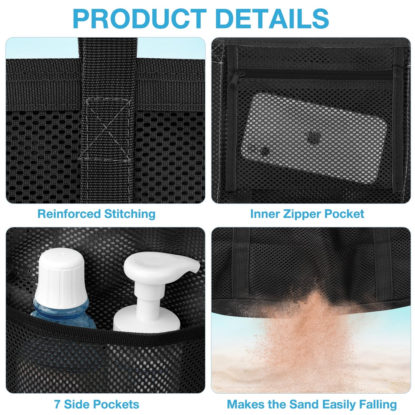 Mesh Beach Bag , Safe Mesh Tote Bag for Picnic Women Oversized Beach Tote Bag with 9 Small Pockets (Black)