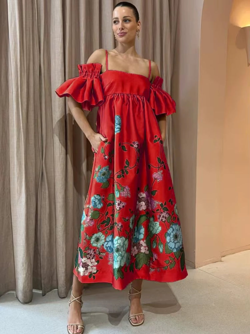 SoleVibe™ 2024 One-Shoulder Vintage Print Dress – Sexy Halter, Hidden Pockets, and Elegant Summer Party Vibes