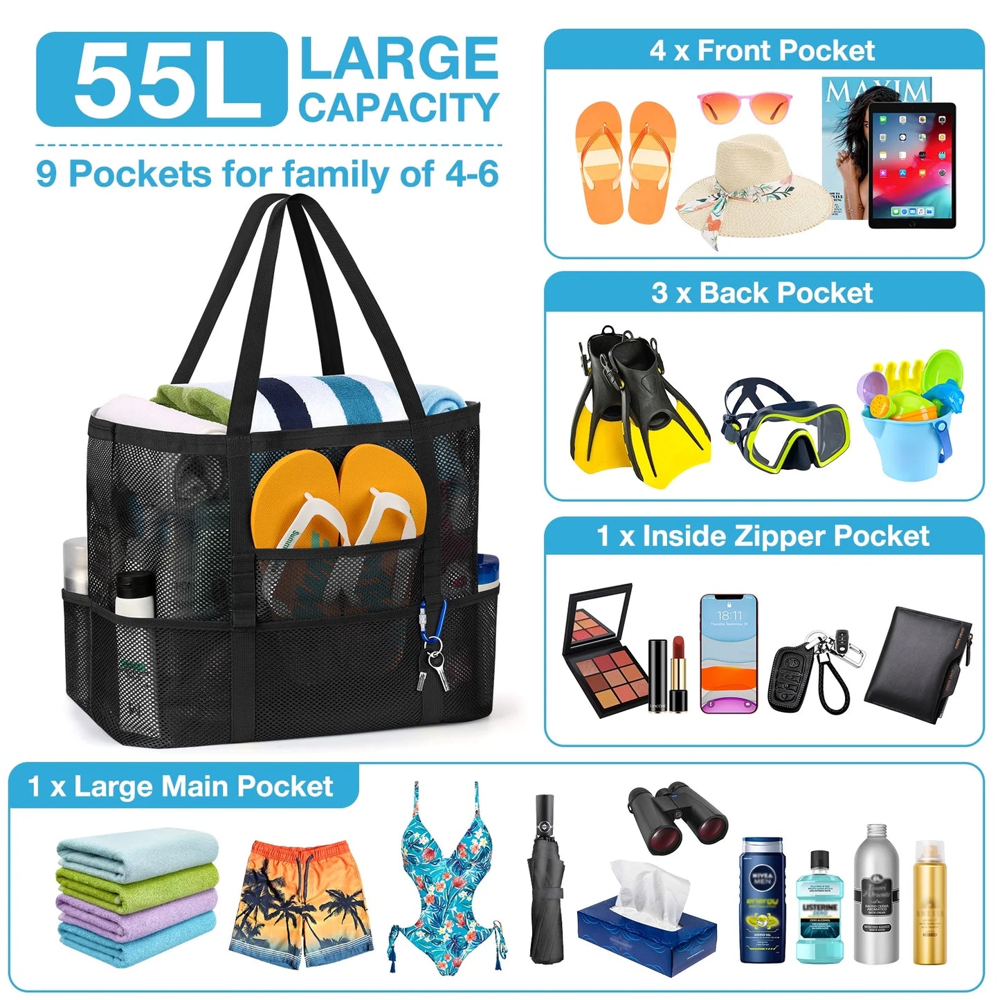 Mesh Beach Bag , Safe Mesh Tote Bag for Picnic Women Oversized Beach Tote Bag with 9 Small Pockets (Black)