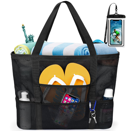 Mesh Beach Bag , Safe Mesh Tote Bag for Picnic Women Oversized Beach Tote Bag with 9 Small Pockets (Black)
